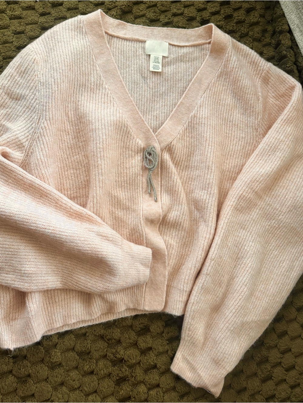 H&M Light Pink V-Neck Ribbed Tie-Front Cardigan